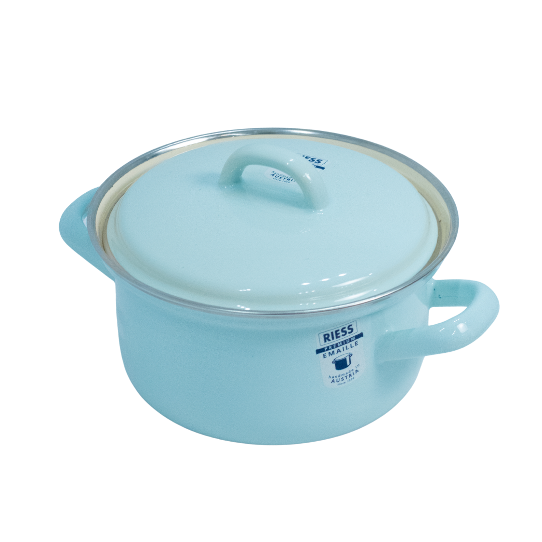 Riess Enamel Casserole with Lid, Pastel Range - Turquoise - 0.75L, 14cm