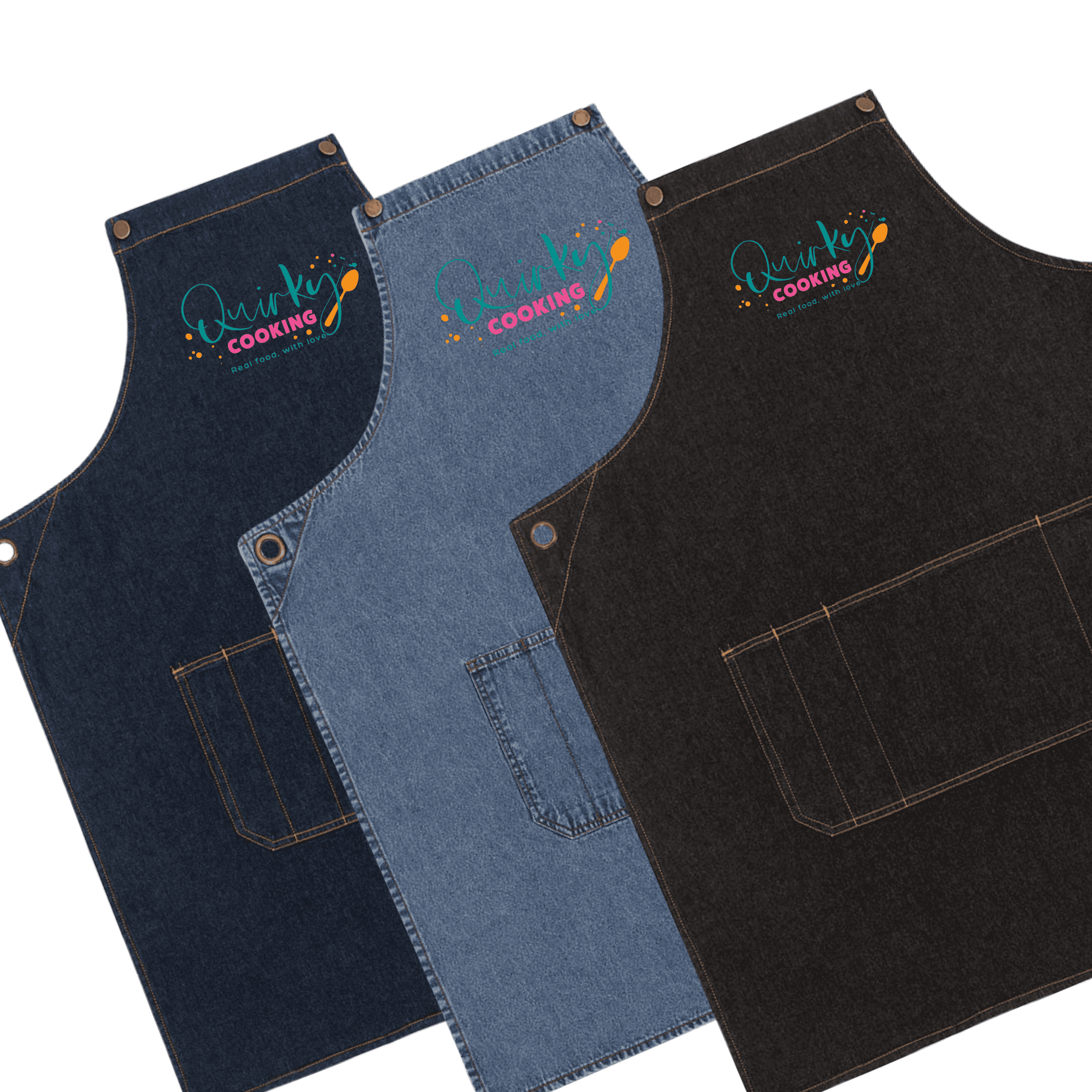 Quirky Cooking denim apron with criss-cross straps and pockets