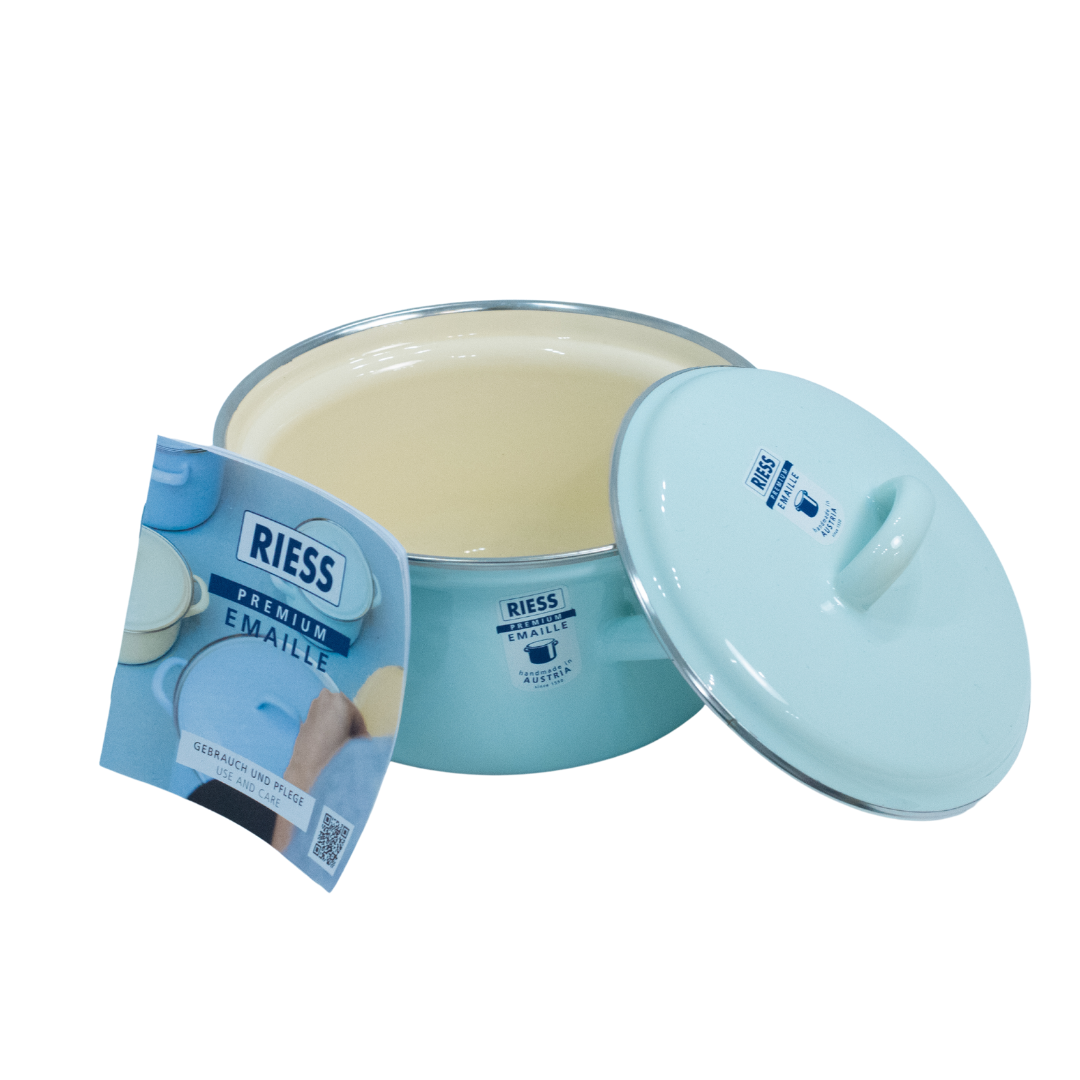 Riess Enamel Casserole with Lid, Pastel Range - Turquoise - 0.75L, 14cm