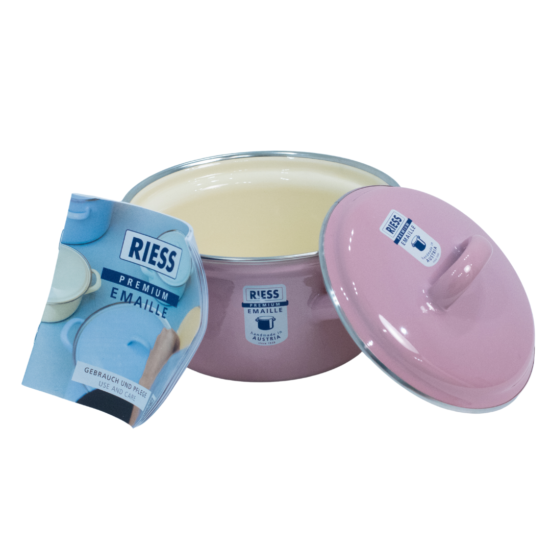 Riess Enamel Casserole with Lid, Pastel Range - Pink - 0.5L, 12cm