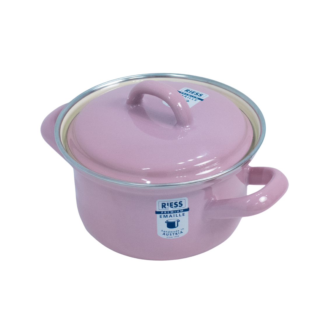 Riess Enamel Casserole with Lid, Pastel Range - Pink - 0.5L, 12cm