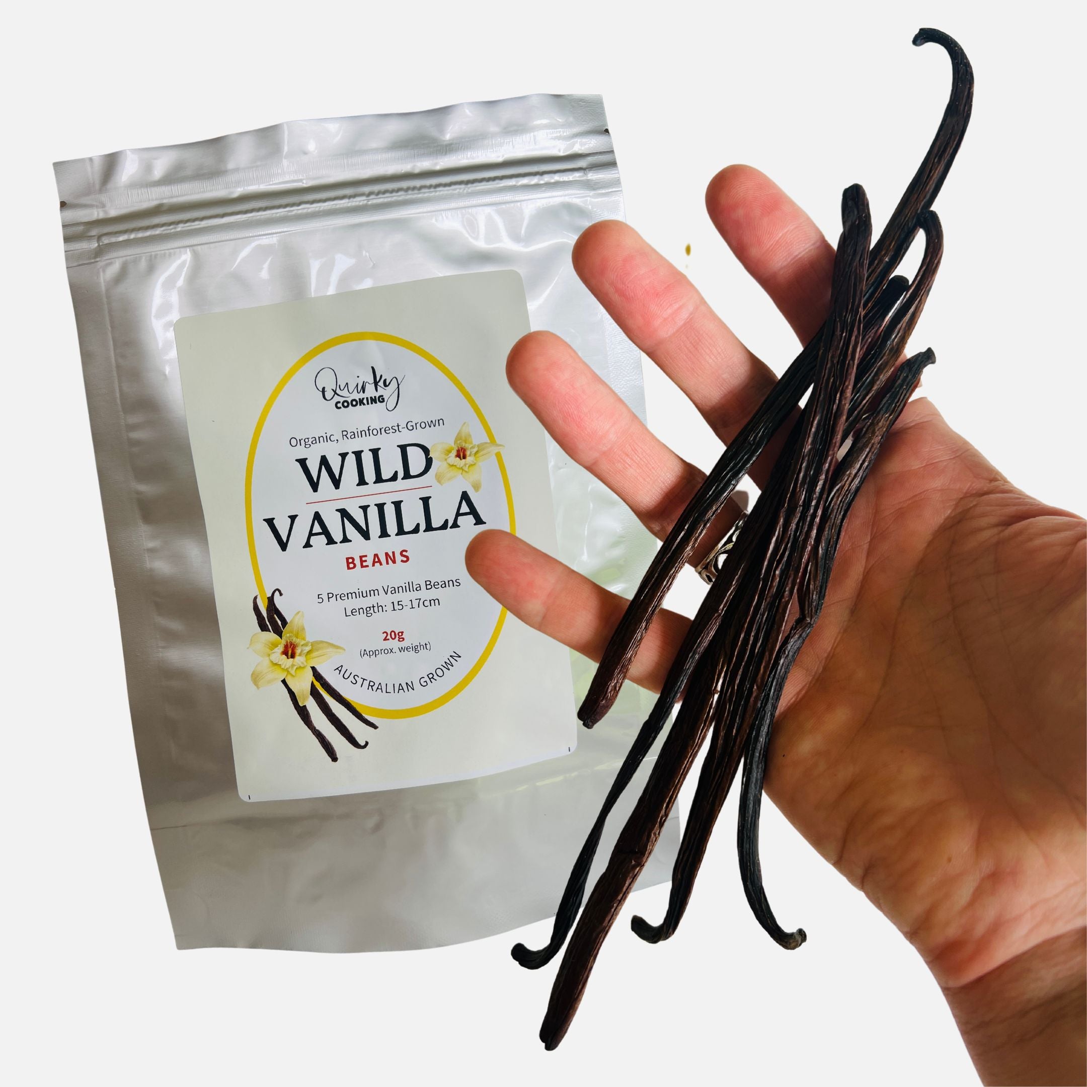 Quirky Cooking Organic, Rainforest-Grown Wild Vanilla Beans (5 Premium 15-17cm Beans) image 1